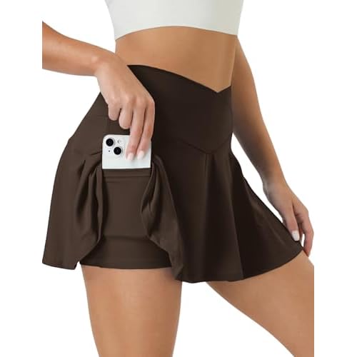 Tennis Skirt for Women High Waisted Golf Skirts with Pockets Shorts Crossover Athletic Pleated Skorts Small Brown