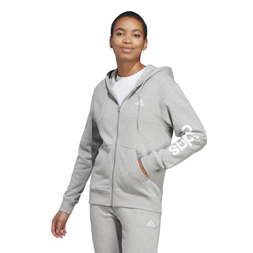 adidas Moletom feminino padrão Essentials linear com zíper completo felpudo francês, cinza médio/branco