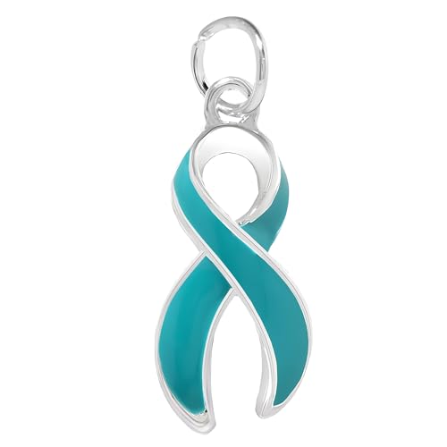 Large Teal Ribbon Awareness Charms – Bulk Inexpensive Teal Ribbon Shaped Charms for Sexual Assault, Rape and Ovarian Cancer Awareness - Perfect for Jewelry Making, Bracelets, Necklaces, DIY Projects, Support Groups and Fundraisers