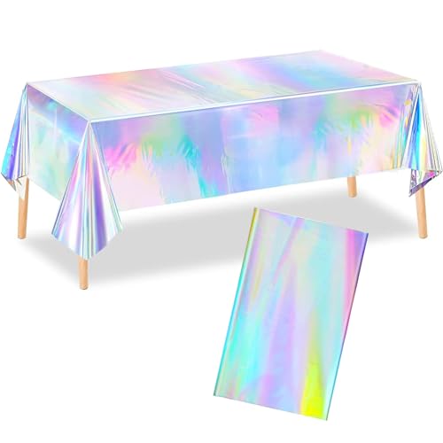 Roontin Iridescent Party Table Cloths - Rectangle Table Covers Plastic Holographic Foil Tablecloth for Birthday Bridal Wedding Christmas Party Decoration