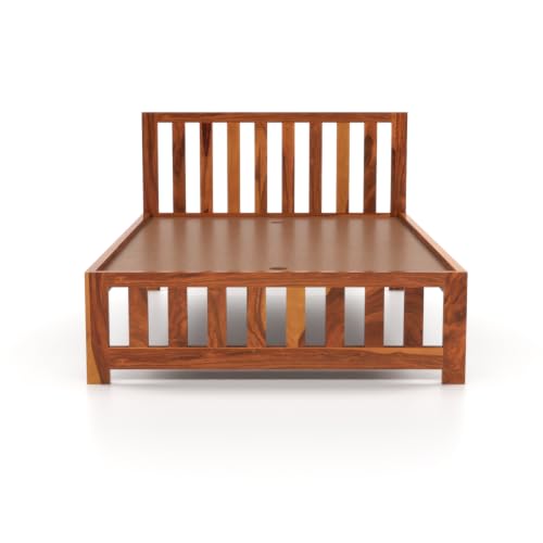 Image of Solid Sheesham Wood Single Size Bed Without Storage | Contemporary Wooden Single Cot with Slatted Headboard & Footboard | Strong Wooden Divan Bed for Bedroom (Honey Finish)
