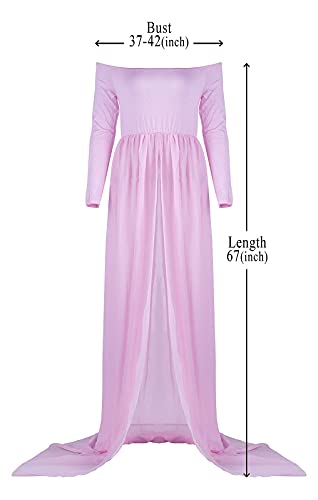 Mommy Jennie Maternity Dress Off Shoulder Long Sleeve Split Front Chiffon Gown For Photoshoot,Pink #TOP4