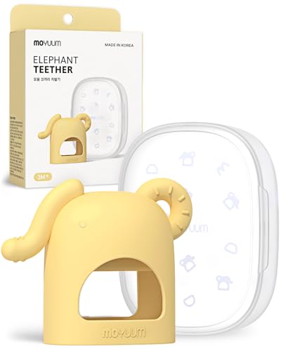 Image of Moyuum Silicone Elephant Grip Hand Teether Toy | Made in Korea, Provides Teething Relief, Wearable Teether is Easy to Hold, Drop Resistant with Adjustable Wrist Strap, Babies 3+ Months, Yellow