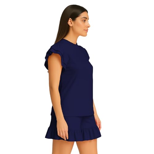 Ensemble 2 pièces col rond uni bleu marine taille 48 avec hauts à volants amples - 2