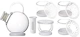 Iwaki GCSNT-5W1 Heat-Resistant Glass Teapot 16.9 fl oz (500 ml) & Double Wall Glass Mug, Set of 4, Kikka, Botan, Shippo, Hishi, SNOWTOP Tea Series, Gift, White