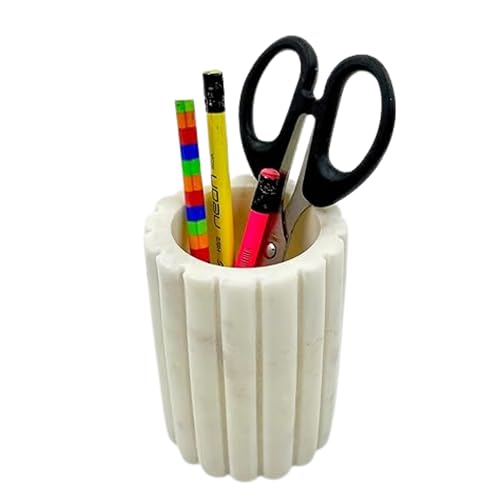 Décor Envogue Natural Scalloped White Marble SPA Collection Tumbler Toothbrush Holder Marble Pencil Pen Holder Stand for Desk, Makeup Brush Cup for Girls, Bathroom Tumbler Cup, Durable Office & Home