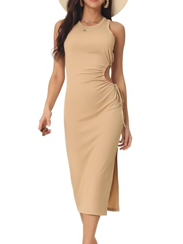 Women's Sleeveless Cutout Maxi Dress - Bodycon Summer Dress With Drawstring Slit & Ruched Detail - View #2