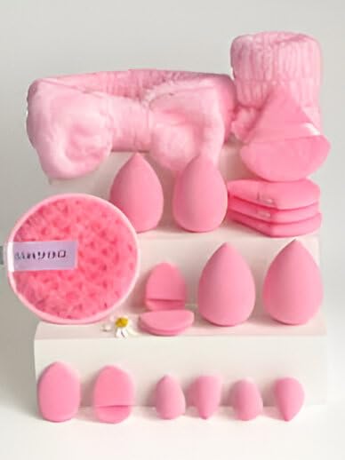 Image of Multi-Shape Makeup Sponge Set | 20 Piece Beauty Puff Collection with Headband and Clean Sponge | Pink, Purple, Beige & Bright Sets | Face Blender Kit for Cream, Liquid & Powder | Aesthetic and Functional Makeup Tool (Baby Pink, 20Pcs)