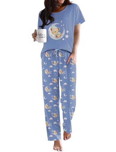 Image of Ekouaer Pajama Sets for Women Round Neck Pjs Short Sleeve Sleepwear with Long Pants Loose Lounge Sets Blue Teddy Bear X-Large