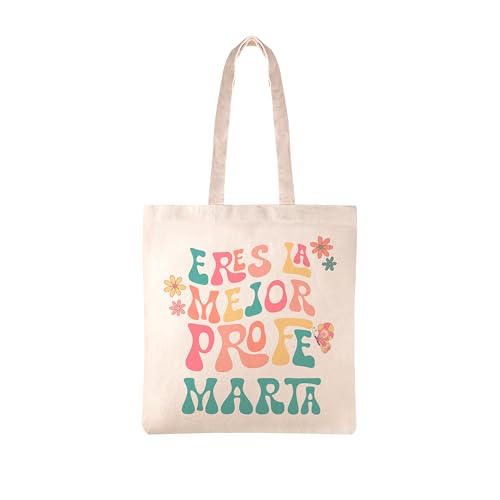Made in Gift Bolsa Tote Bag Personalizada “El Mejor Profe” Reutilizable de Color Blanco y Algodón Natural Asas de Tela como Regalo Original para Fin de Curso (Profe retro)