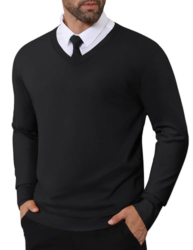 CRYSULLY Mens V Neck Pullover Sweaters Ribbed Knit Long Sleeve Solid Dress Sweater Casual Fall Winter Undershirt Black L