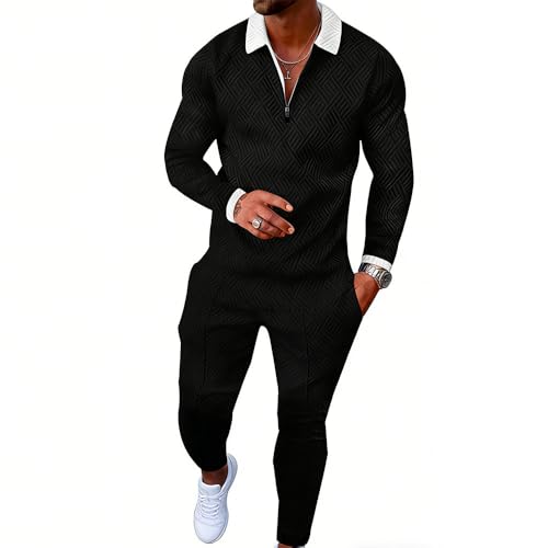 Kubsid Size XL Black with White Collar Men's Polo Sweatsuit Sets Long Sleeve 2 Piece Outfit Fashion Jogging TrackSuit Comfy Casual Set for Men