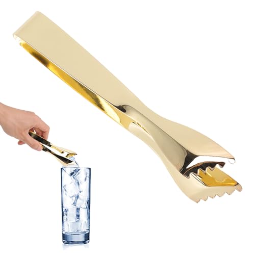 Ice Tongs Food Grade Thicken Stainless Steel Prevents Slipping Sugar Food Tweezers for Home Kitchen Bar Mirror Ice Bucket Party Coffee Bar (Gold Plated)