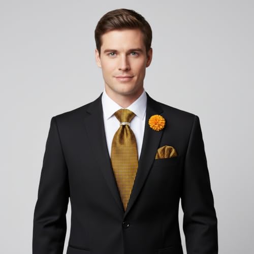 Image of 5PCS Mens Silk Tie, Pocket Square, Cufflinks, Drilled Tie Ring and Lapel Pin Set for Wedding Groom Party