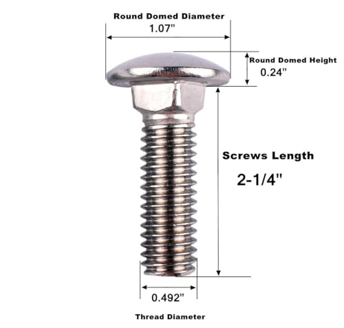 Image of 1 /2-13 x 2-1 /4 inch Carriage Bolts Screws, 18-8 Stainless Steel 304, Round Head, Square Neck, UNC Fully Machine Coarse Threaded,5Pcs