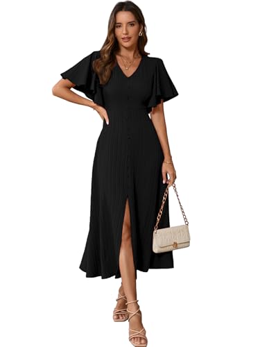 Image of Shasmi Girl's & Women's Pleated Midi Dress with Flutter Sleeves | V-Neck Western Dress for Women | Elegant A-Line Summer Outfit | Office & Casual Wear (Dress 244)