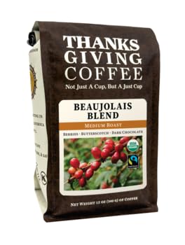 Thanksgiving Coffee "Beaujolais Blend - Medium Roast- FTO" Medium Roasted Fair Trade Organic Shade Grown Whole Bean Coffee - 12 Ounce Bag