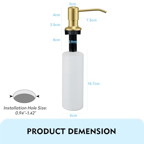 CREA Küchenspülen Eingebaute Seifenspender, Spülmittelspender für Spülbecken Einbau in Arbeitsplatte mit 500ml Flasche und 1m Verlängerungsschlauch von Oben Befüllen Edelstahl, Gold