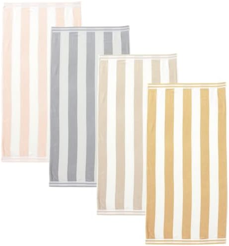 Large Beach Towel Set of 4 - Soft Cabana Striped Beach Towels for Adults and Velour Pool Towels with 100% Cotton - Lightweight Quick Dry Beach Towel Pack and Cute Beach Towel for Women and Men