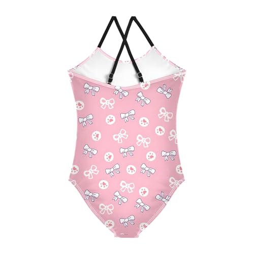 Pink Bow Footprint Pattern Girls Swimsuit One Piece Bathing Suit Beach Swimwear with Adjustable Straps 3-10Years2