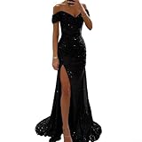 Robe longue à paillettes avec col en V et épaules dénudées avec fente longue sans manches pour fête, tenue formelle en rouge vin, noir, argent, bleu, or (XL noir)