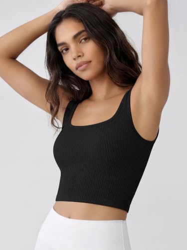 Image of ODODOS 3-Pack Seamless Square Neck Crop Tank for Women Ribbed Knit Soft Low Back Cropped Tops
