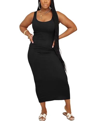 Women Casual Summer Tank Top Dress Ribbed Bodycon Midi Sleeveless Sundress Sundress Basic Slim Fitted Pencil Dresses2