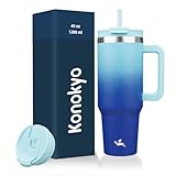 Konokyo 40 oz Tumbler with Handle and 2 Straws,2 in 1 Lid Insulated Water Bottle Stainless Steel Travel Coffee Mug,Sky