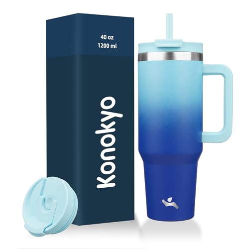 Image of Konokyo 40 oz Insulated Tumbler Water Bottle with Handle, Straw Lid | BPA-free and dishwasher safe; made for gym, travel, coffee and gifting, 2 straws, cup holder friendly,Sky