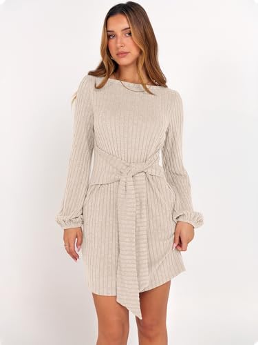ANRABESS Womens 2025 Fall Dress Long Lantern Sleeve Ribbed Knit Casual Tie Waist Lightweight Mini Sweater Dress4