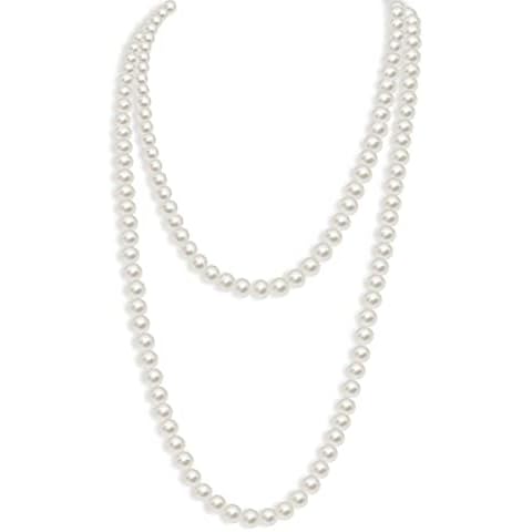 Caiyao 1920s Long Fake Pearls Necklace for Women Retro Vintage Imitation Round Pearl Beaded Sweater Chain Necklace Female Girls Flapper Party Wedding Jewelry, Metal, faux pearl Cover