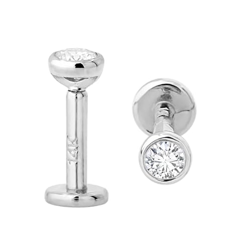 14K Gold Bezel Set 2.5mm (0.08ct) Diamond Labret Monroe Stud 16G 6mm-8mm-10mm Post Flat Disk Bottom Round Brilliant Cut Diamond Lip Ring Tragus Stud