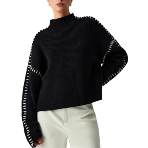 Womens Mock Neck Sweater Tops Fall Long Sleeve Loose Casual Soft Black Ribbed Knit Pullover Sweaters