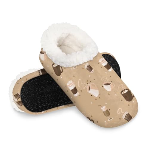 Retro Coffee Themed House Slippers for Women Men Soft Closed Back Slippers Indoor Fuzzy Bedroom Shoes Lightweight Non-slip Home Slippers