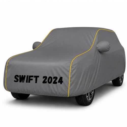 Image of Premium Waterproof Car Cover for Swift 2024 | Soft Cotton Lining Heavy Duty Triple Stitched Heat Resistant Outdoor Cover Comes with Mirror and Antenna Pocket Full Bottom Elastic (Zig Zag Grey)