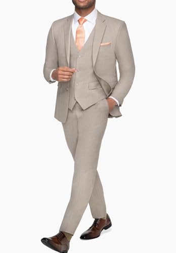 Men's Linen Blend Suits Regular Fit 3 Piece Slim Fit Blazer Jacket Waistcoat Pants Set for Wedding Tuxedo4