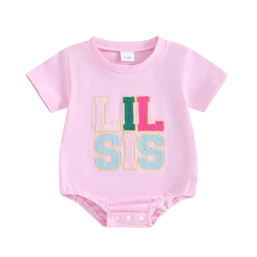 VISGOGO Little Sister Matching Outfits Set Infant Baby Girls Romper Embroidery Clothes Newborn Onesie (Pink-Lil Sis, 6-12 Months)