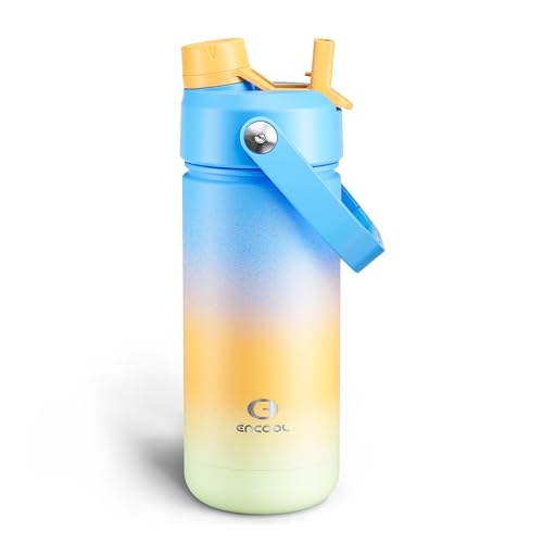 Image of ENCOOL Insulated Water Bottle with Straw Stainless Steel Water Bottle, Leak-Proof, BPA-Free, Double Wall Vacuum Keeps Cold for 24 Hours for Sports, Travel, School (18 oz, Sunny Breeze)