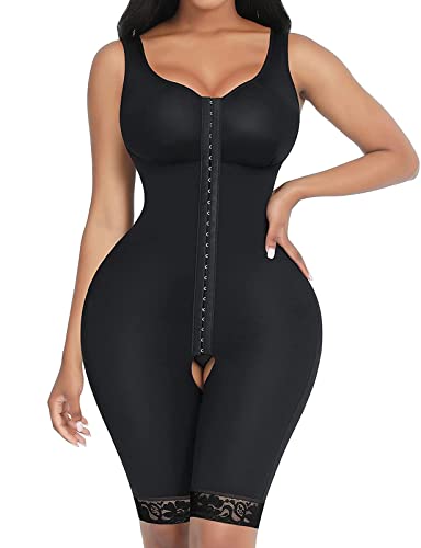 FeelinGirl Shapewear Damen Bauchweg Full Body Shaper mit 3 Haken Verstellbar Miederbody Stark Formend Ganzkörper Schenkel Schlankmacher Po Push Up Überbrust Formende Bodys Schwarz L