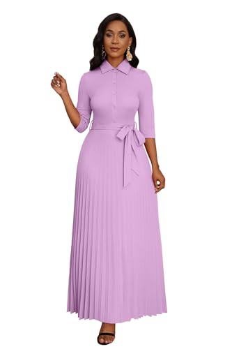 Image of Runwind Maxi Dresses for Women, 3 /4 Sleeve Botton Down Pleated Long Dress with Belt Casual Church Dress with Pockets