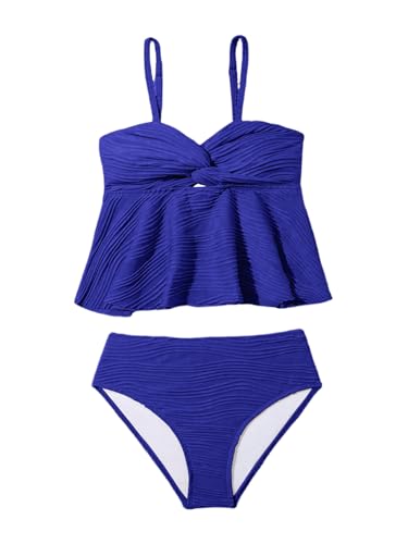 Image of OYOANGLE Girl's 2 Piece Tankini Swimsuit Textured Twist Front Ruched Ruffle Bikini Set Bathing Suits