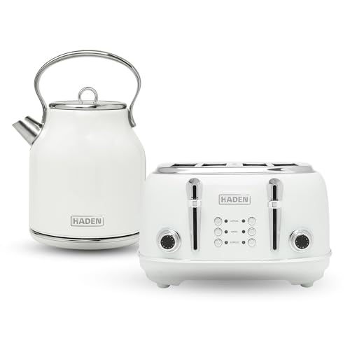 Haden Heritage Stainless Steel Body Retro Electric Tea Kettle, White and Haden Heritage 4 Slice Wide...