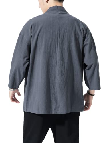 Image of Men's Japanese Kimono Cardigan Loose Cotton Linen 3 /4 Sleeve Open Front Casual Summer Shirt Jackets
