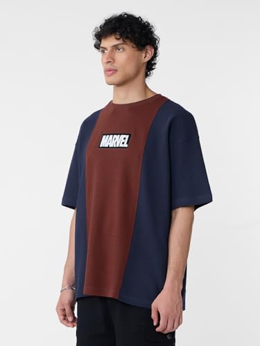 Image of The Souled Store Marvel: Classic Logo Men and Boys Short Sleeves Round Neck Blue and Brown Embroidered Cotton Oversized T-Shirts
