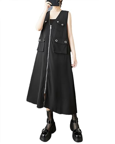 ellazhu Women's Dress V-Neck Zip Up Pocket Solid Sleeveless Flowy Hem Casual Fashion Summer GZ546 A