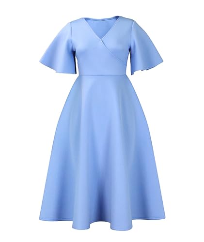 Image of SOMTHRON Women's Wrap V-Neck Ruffle Short Sleeve Midi Dress Elegant A Line Flowy Flared Cocktail Church Dress