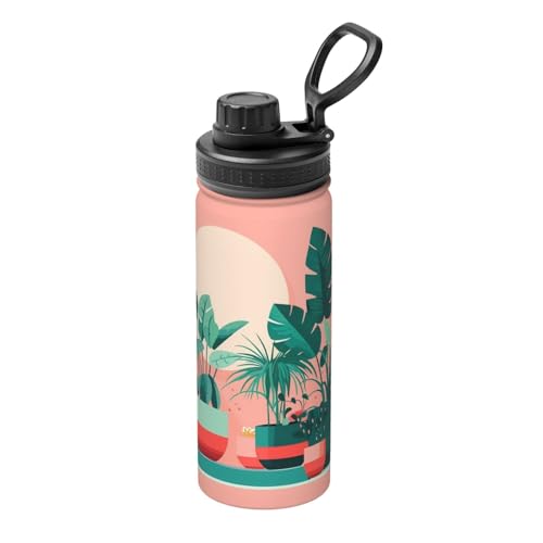 Termo de acero inoxidable de 18 onzas, adecuado para ciclismo, gimnasio, baloncesto, termo de viaje, hermosas plantas verdes en maceta, termo deportivo al aire libre,