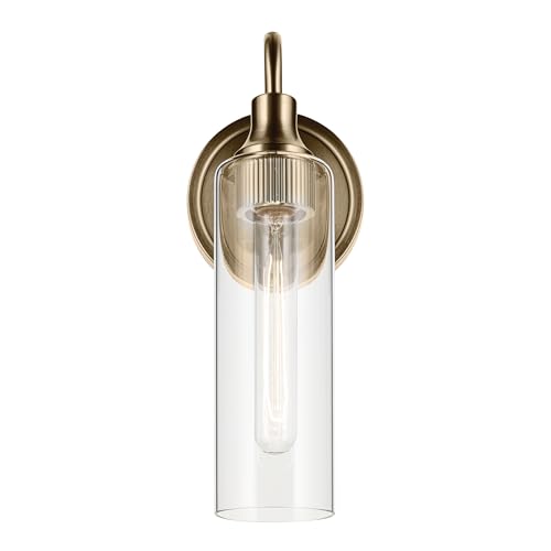 Image of Kichler Kavi 1-Light Bathroom Wall Light, Champagne Bronze | Damp-rated wall light with clear glass for baths and hallways (5 inch x 13 inch), 55209CPZ