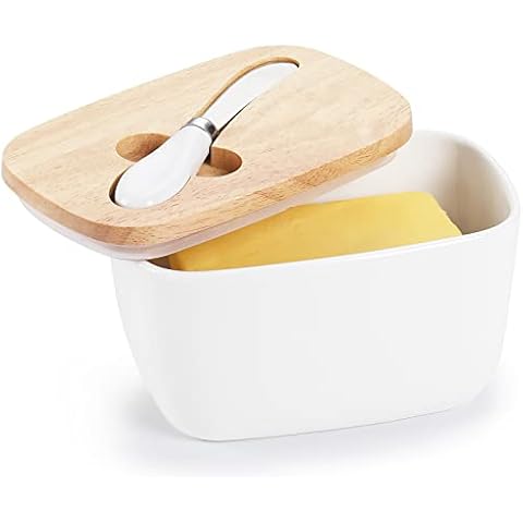 GDCZ Ceramics Butter Dish - Large Butter Holder with Silicone Sealing, Natural Wooden Lid and Stainless Steel Knife, Perfect for 4 Stick of Butter, White Cover