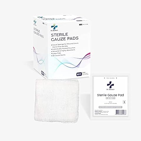 DR. DEUTSCH Sterile Gauze Pads 7.5 x 7.5 cm for Wound Dressing 100 Individually Packed Pouches, 12-Ply Cotton & Highly Absorbent, Gauze Sponge-Pads for Wound Care & Home First Aid Kits Cover